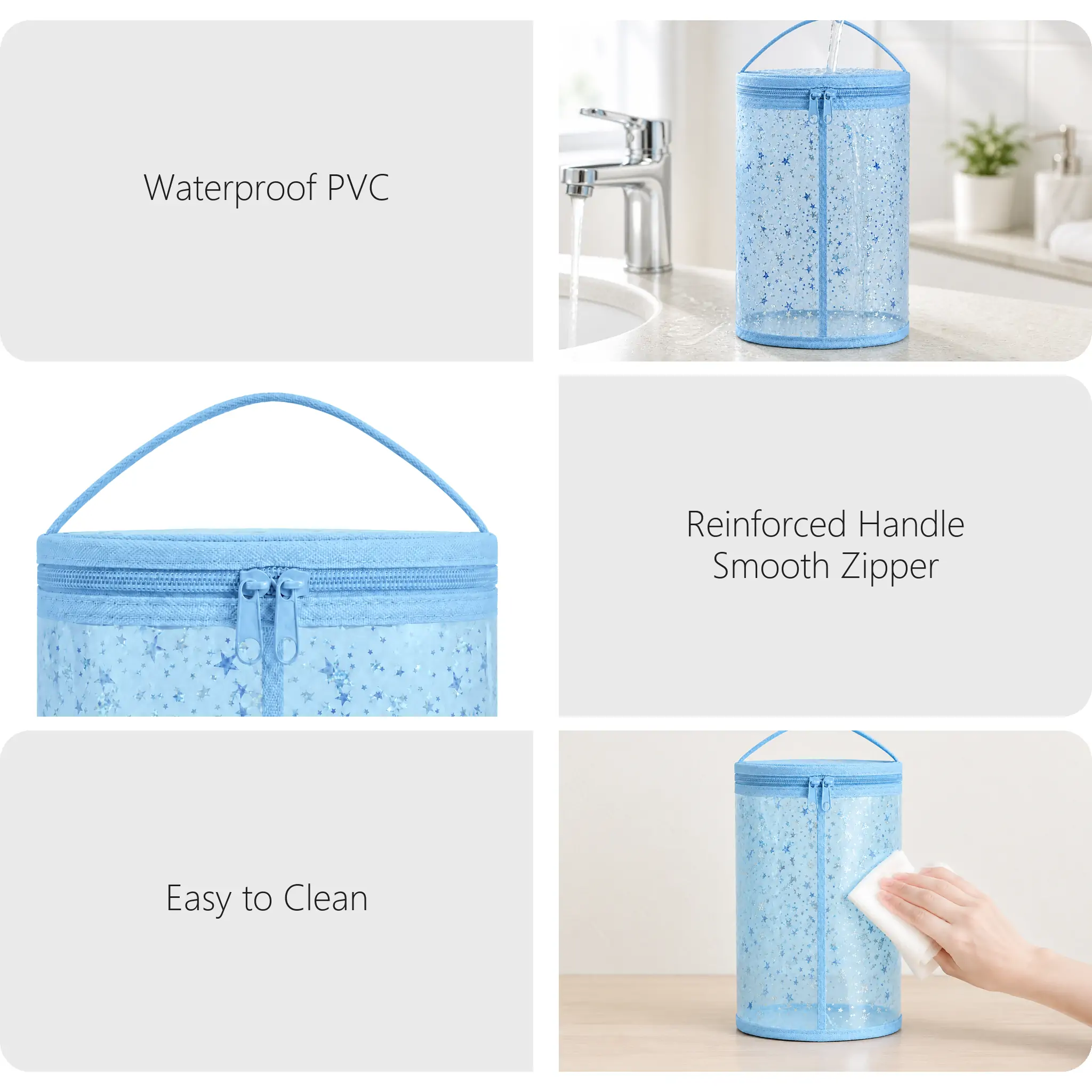 Clear PVC cylinder toiletry bag 9.5 x 6 x 4 in with pink binding, silver and pink star print and a double-slider top zip, shown on a white background with dimension marks