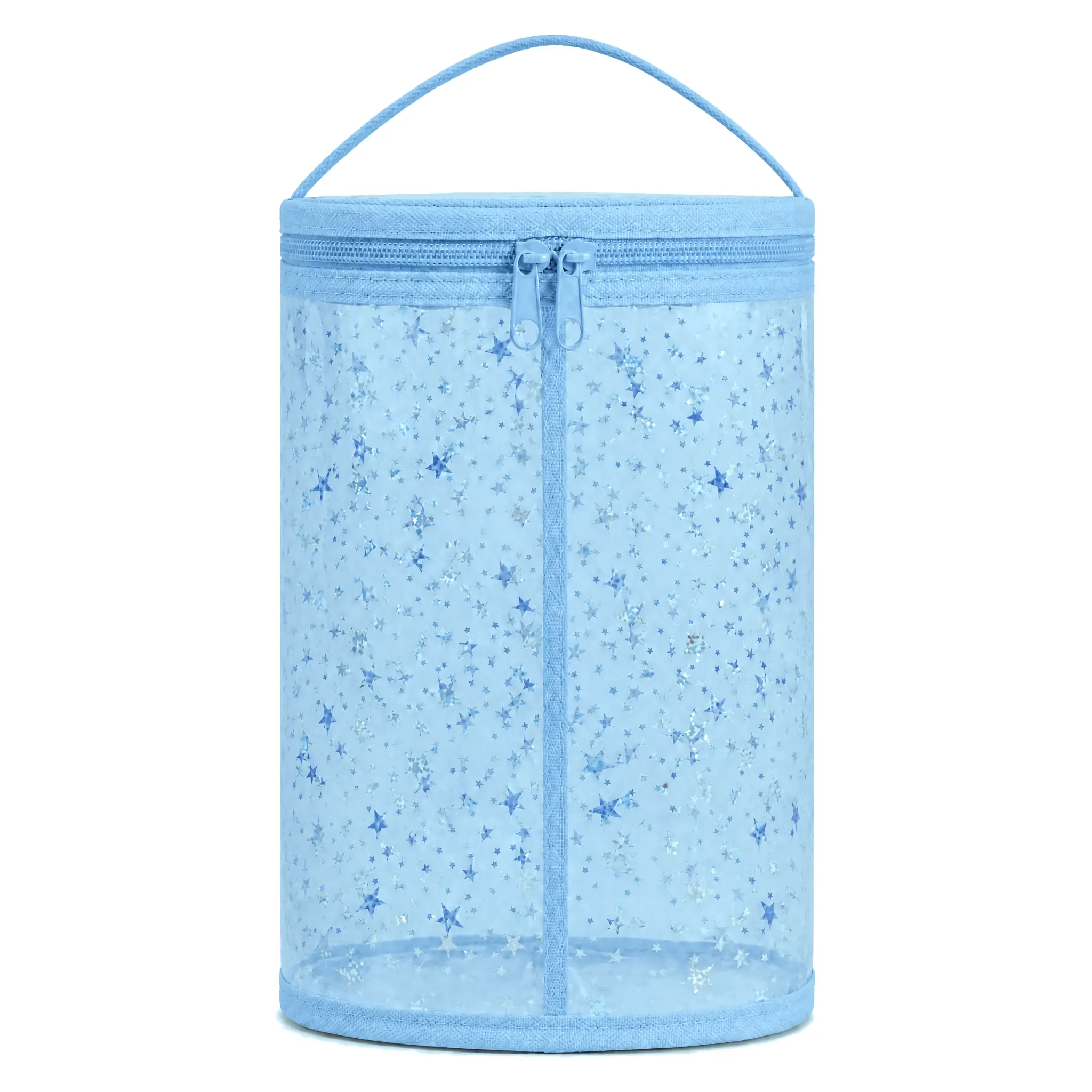 Clear PVC cylinder toiletry bag 9.5 x 6 x 4 in with pink binding, silver and pink star print and a double-slider top zip, shown on a white background with dimension marks
