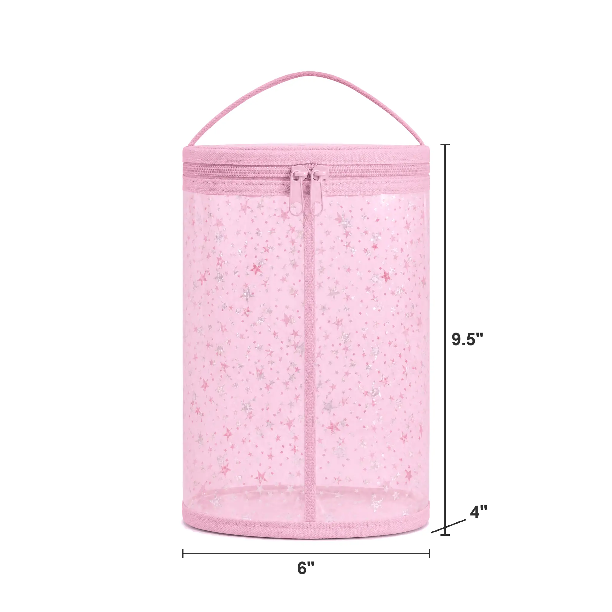 Clear PVC cylinder toiletry bag 9.5 x 6 x 4 in with pink binding, silver and pink star print and a double-slider top zip, shown on a white background with dimension marks