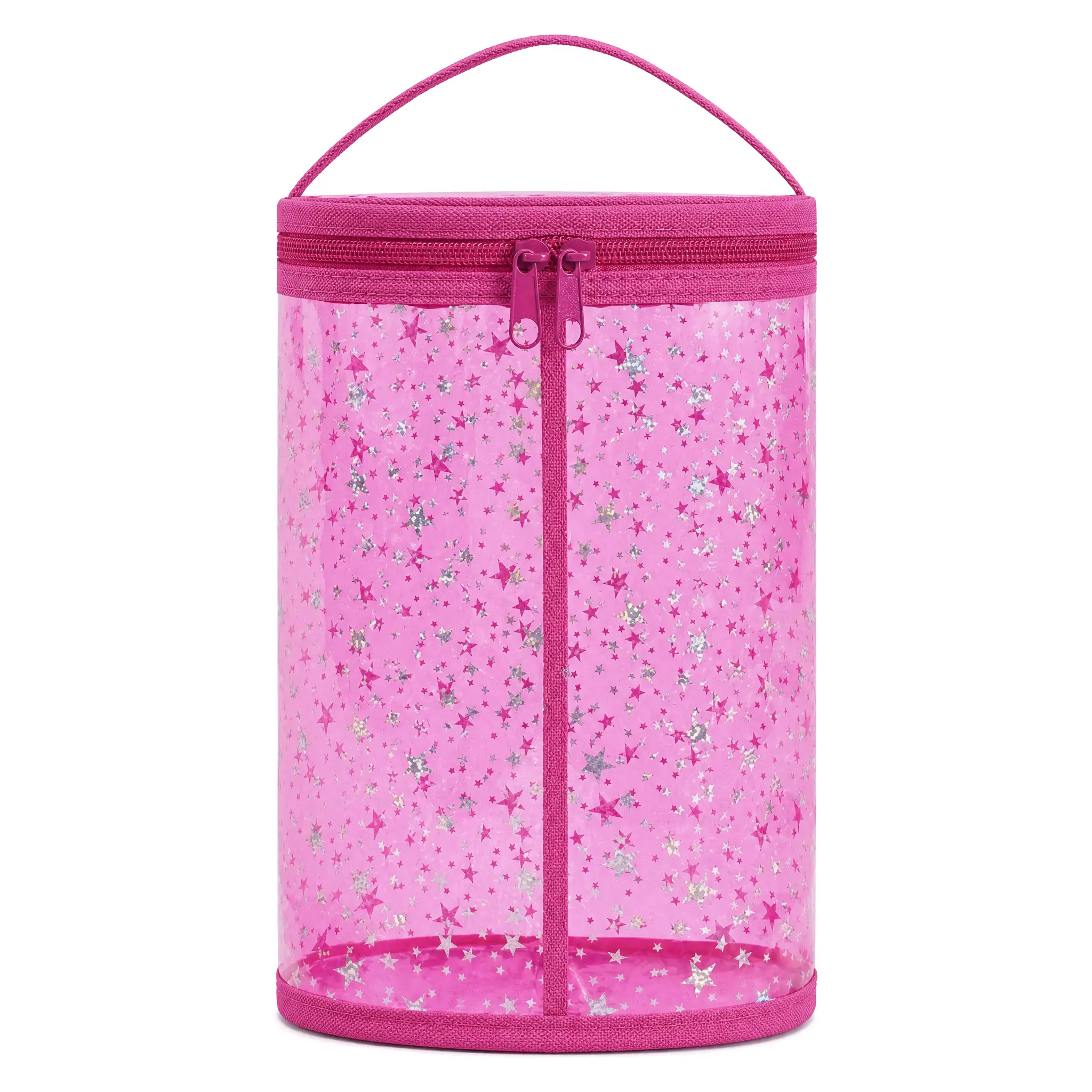 Clear PVC cylinder toiletry bag 9.5 x 6 x 4 in with pink binding, silver and pink star print and a double-slider top zip, shown on a white background with dimension marks
