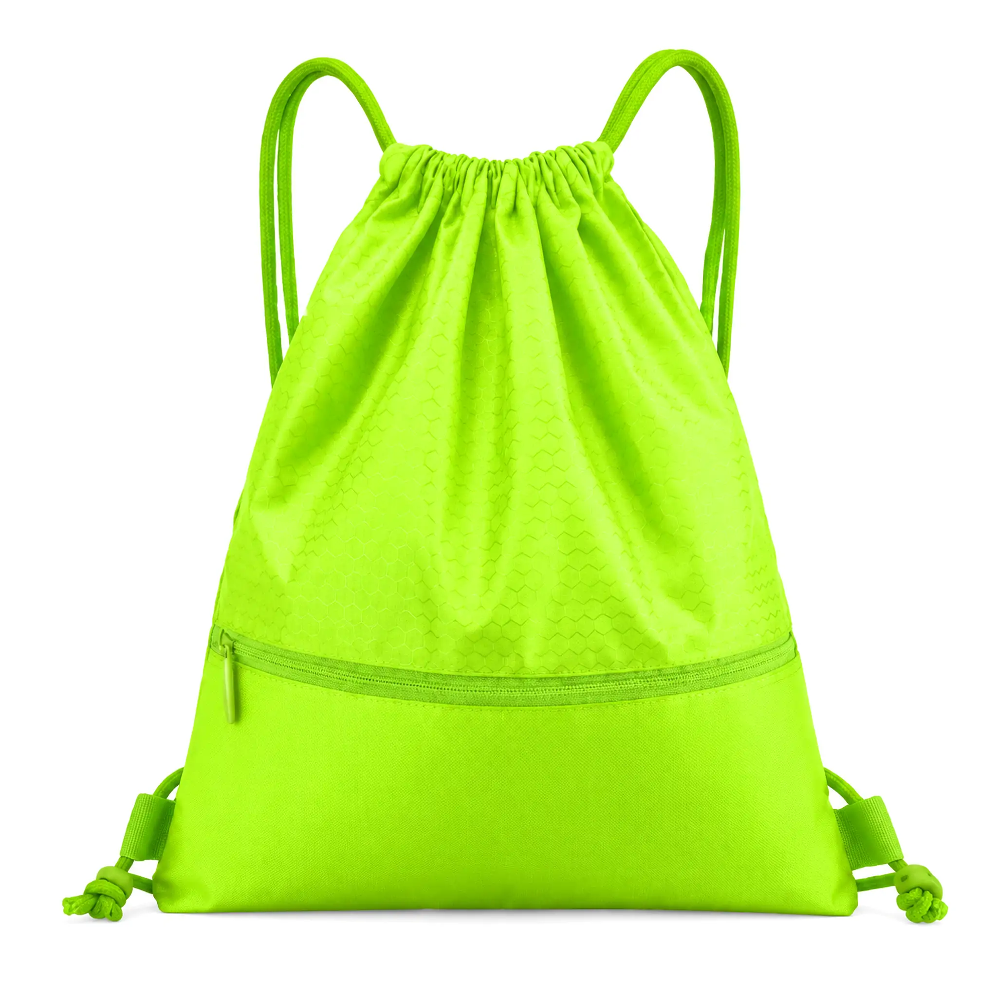 Fluorescent green waterproof polyester drawstring backpack 16.5 x 19.7 inches with hexagon-textured upper panel, plain front zip pocket and dual drawcords used as shoulder straps,