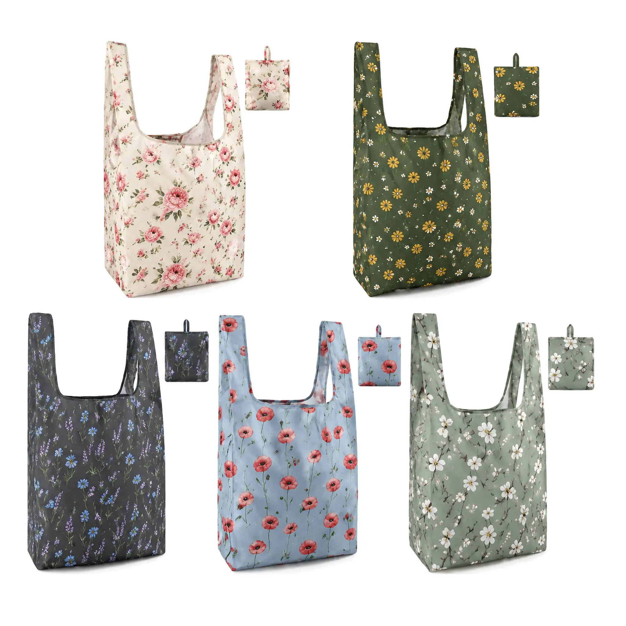 Five polyester foldable shopping bags in floral prints with flat bases and wide integrated handles, each shown with its matching folded pouch, on a white background