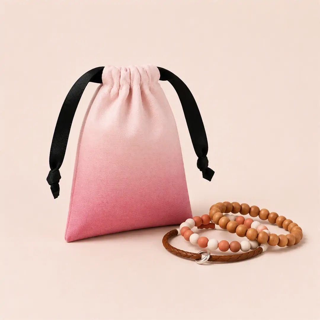 Natural canvas jewelry drawstring pouch 15x21cm with black grosgrain ribbon drawstring and knotted ends, blank body and box-bottom shape