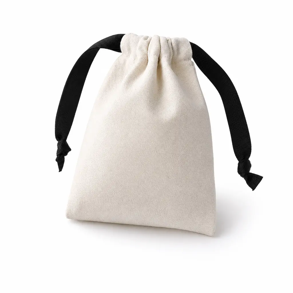 Natural canvas jewelry drawstring pouch 15x21cm with black grosgrain ribbon drawstring and knotted ends, blank body and box-bottom shape