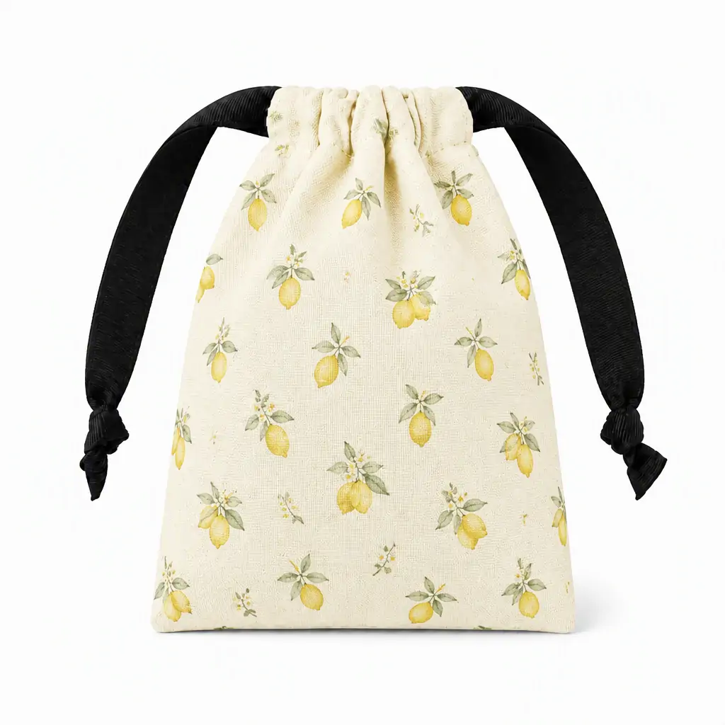 Natural canvas jewelry drawstring pouch 15x21cm with black grosgrain ribbon drawstring and knotted ends, blank body and box-bottom shape