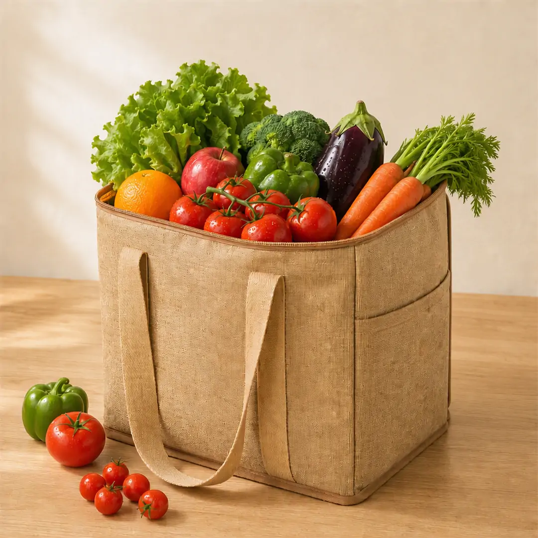 Natural jute insulated grocery cooler bag 15 x 12 x 9 in with a zippered lid, two side pockets and tan webbing handles, shown closed on a white background with dimension marks