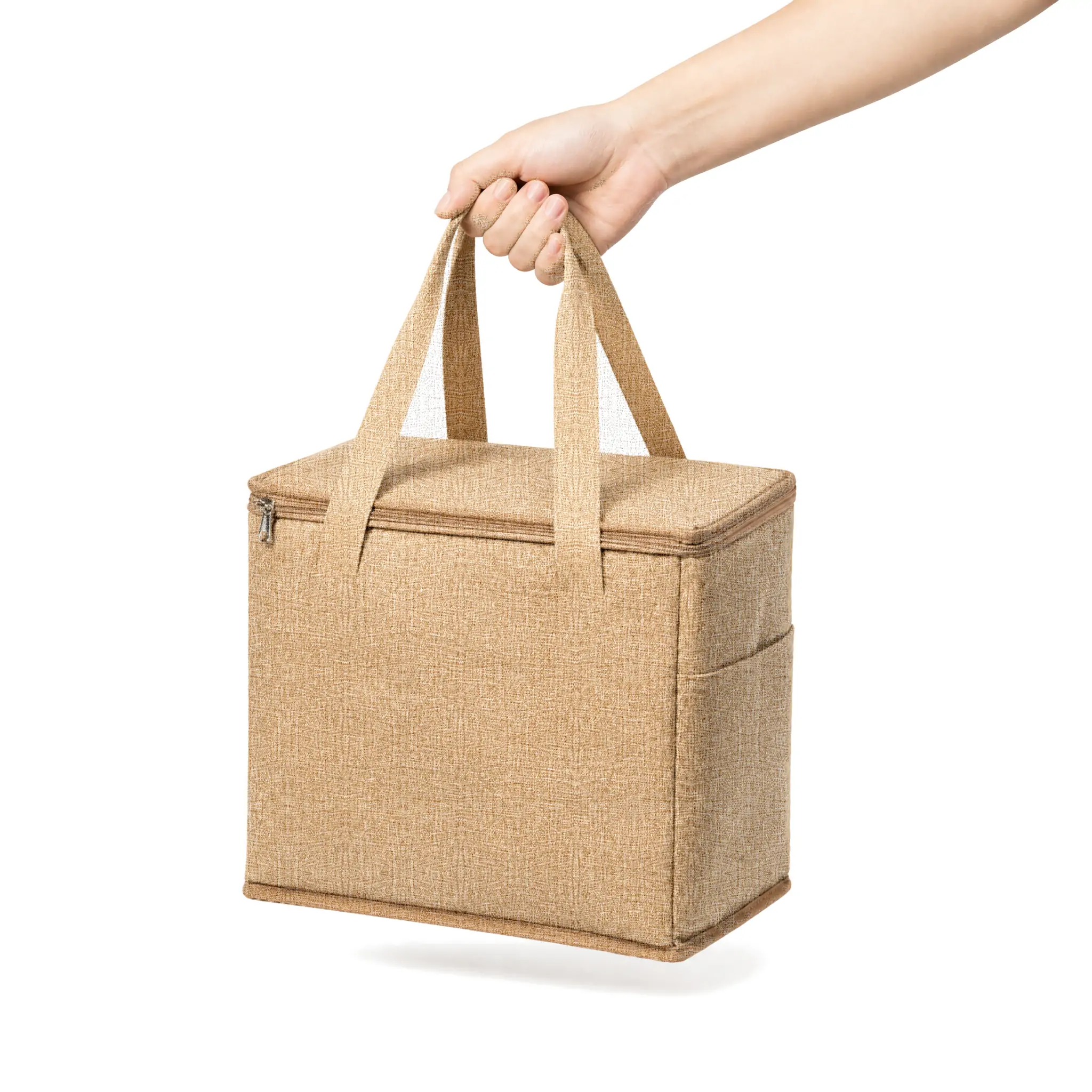 Natural jute insulated grocery cooler bag 15 x 12 x 9 in with a zippered lid, two side pockets and tan webbing handles, shown closed on a white background with dimension marks
