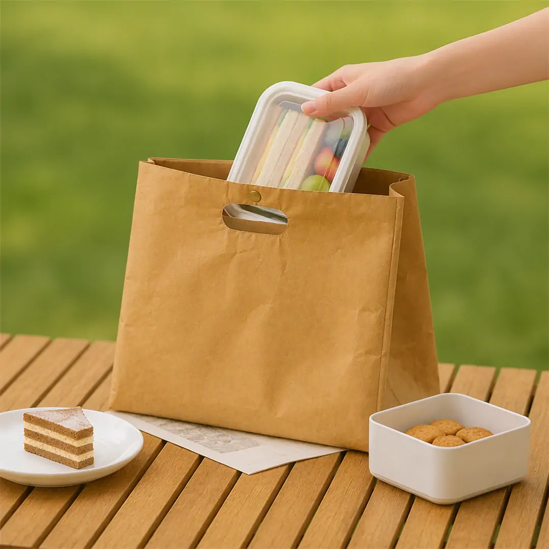 Kraft paper cooler bag with a built-in die-cut handle held under a running tap, with water beading on its water-resistant surface above a stainless steel sink
