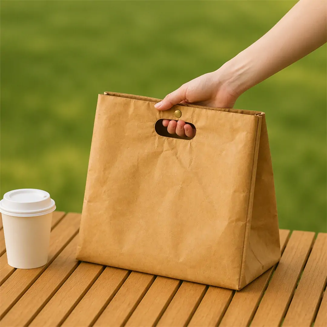 Kraft paper cooler bag with a built-in die-cut handle held under a running tap, with water beading on its water-resistant surface above a stainless steel sink