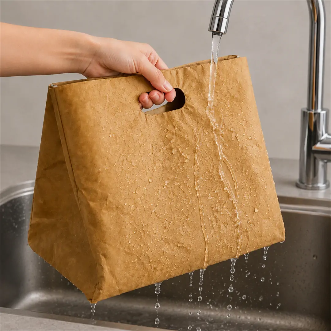 Kraft paper cooler bag with a built-in die-cut handle held under a running tap, with water beading on its water-resistant surface above a stainless steel sink