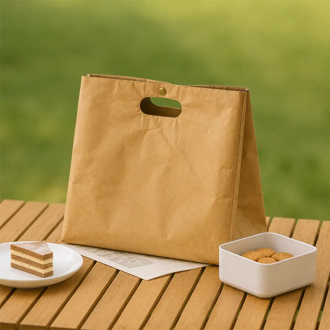 Kraft paper cooler bag with a built-in die-cut handle held under a running tap, with water beading on its water-resistant surface above a stainless steel sink
