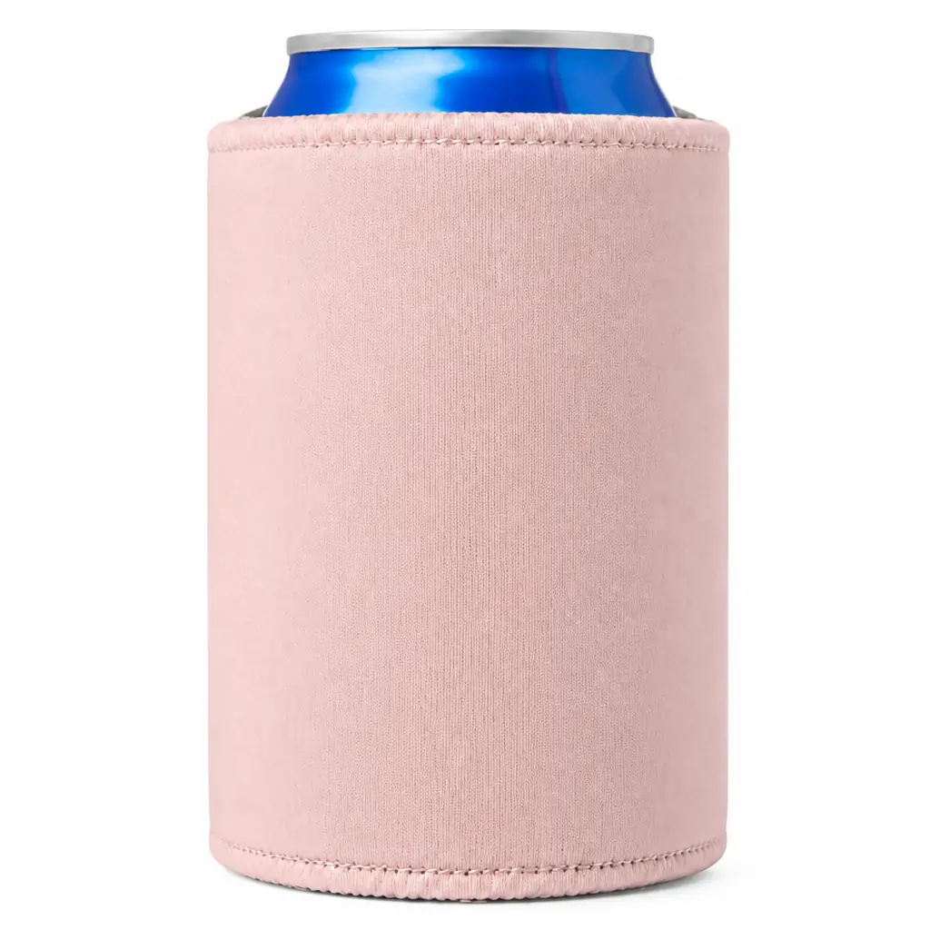 Six blank neoprene can coolers in pink, navy, black, sage green, white and deep red, shown on a white background with stitched hems