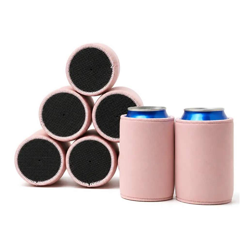 Six blank neoprene can coolers in pink, navy, black, sage green, white and deep red, shown on a white background with stitched hems