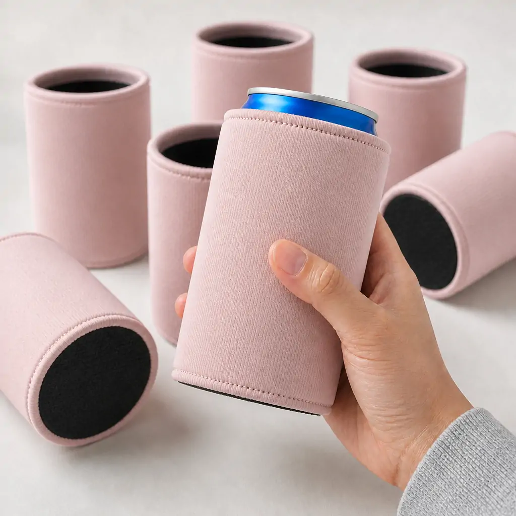 Six blank neoprene can coolers in pink, navy, black, sage green, white and deep red, shown on a white background with stitched hems