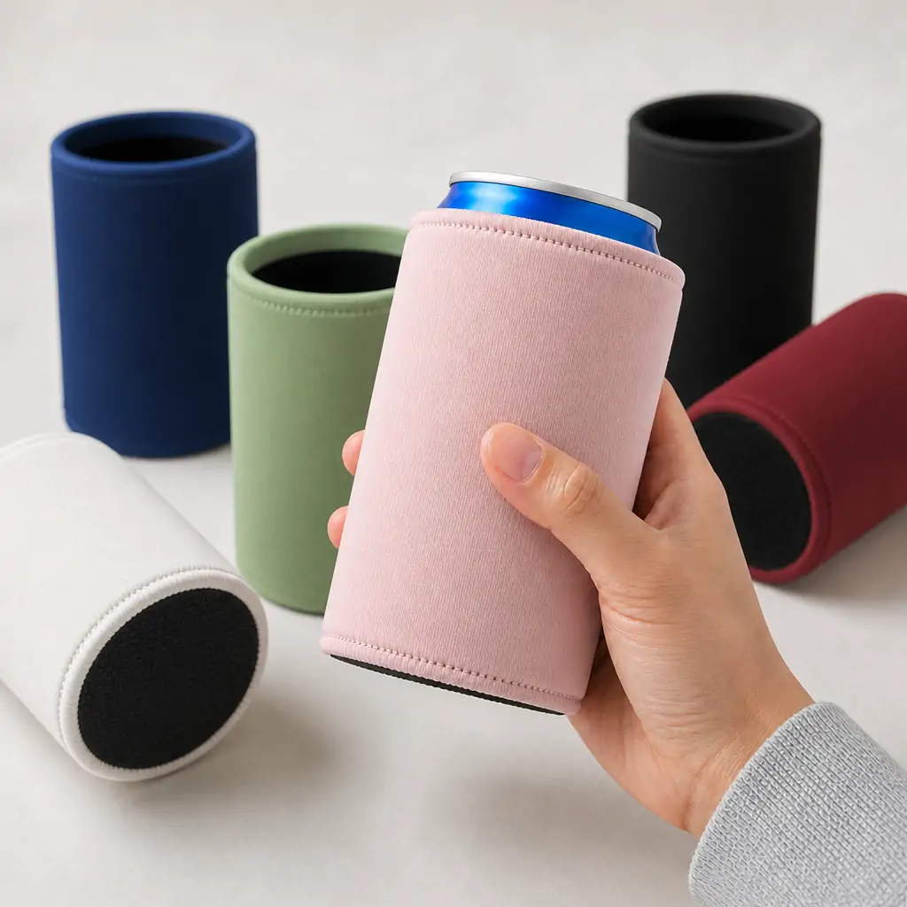 Six blank neoprene can coolers in pink, navy, black, sage green, white and deep red, shown on a white background with stitched hems