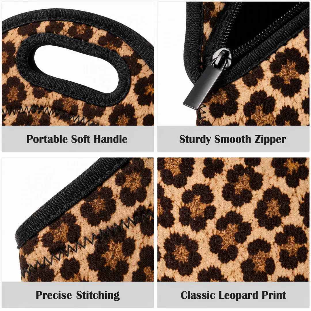 Leopard print neoprene insulated lunch tote 11.3 x 11.8 x 5.5 in with black bound edges, zigzag stitching and an integrated cut-out top handle