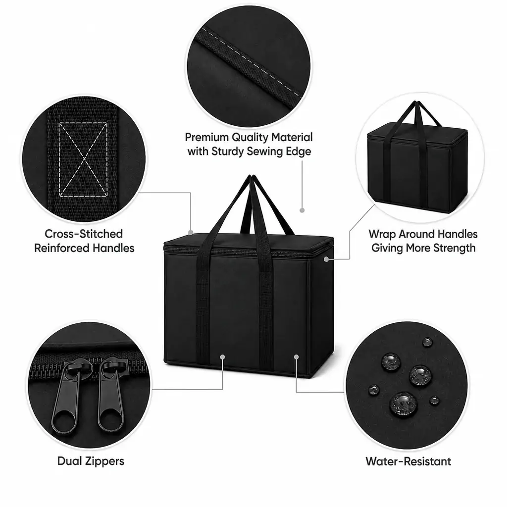 Black non-woven insulated grocery cooler bag 16 x 13 x 9 in with a zippered lid, webbing handles and a foil-lined interior filled with fresh produce, with close-up detail circles o