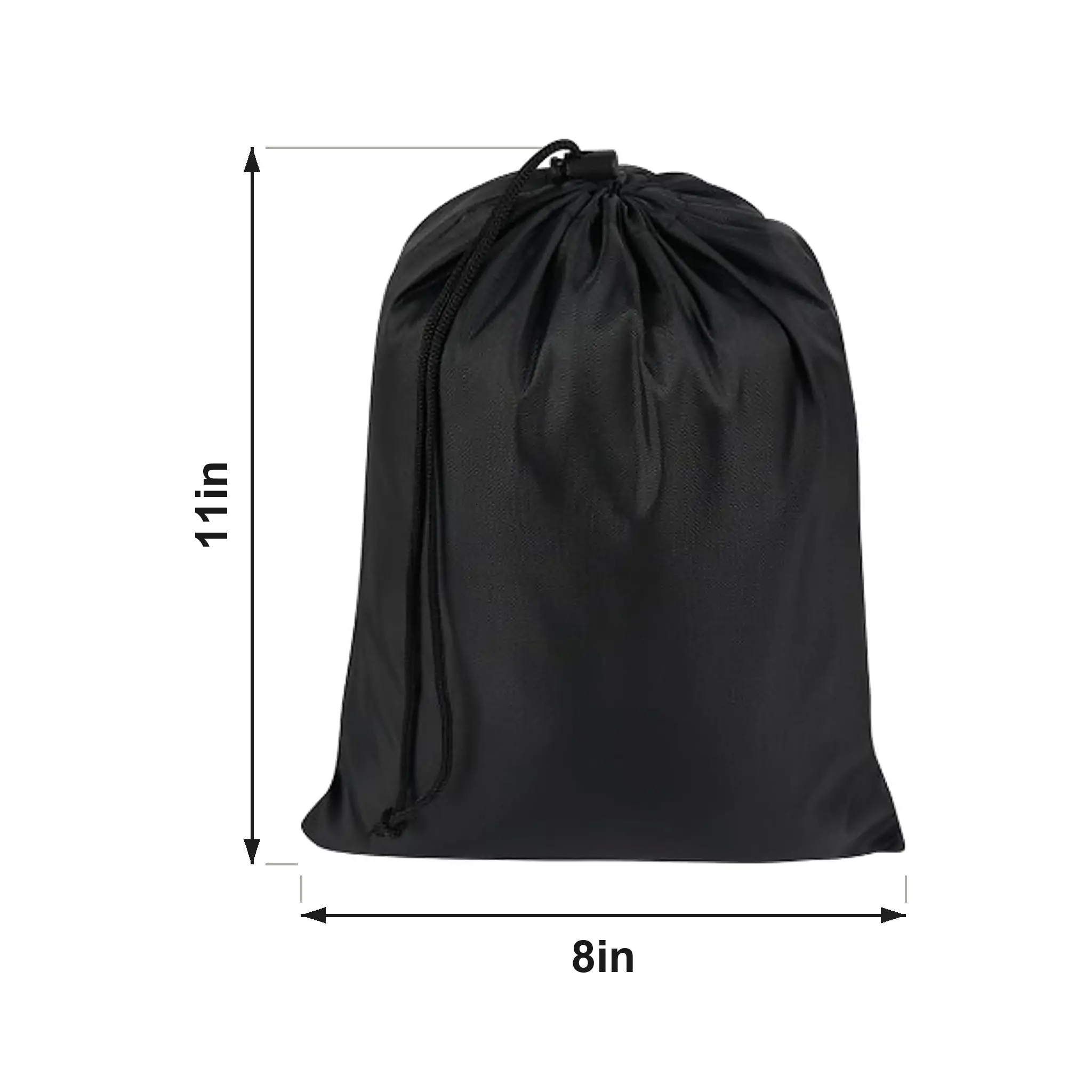 Black 210D nylon drawstring bag 8 x 11 inches with piped seams and a cord spring lock, shown flat with dimension arrows marking 8 inch width and 11 inch height on a white backgroun