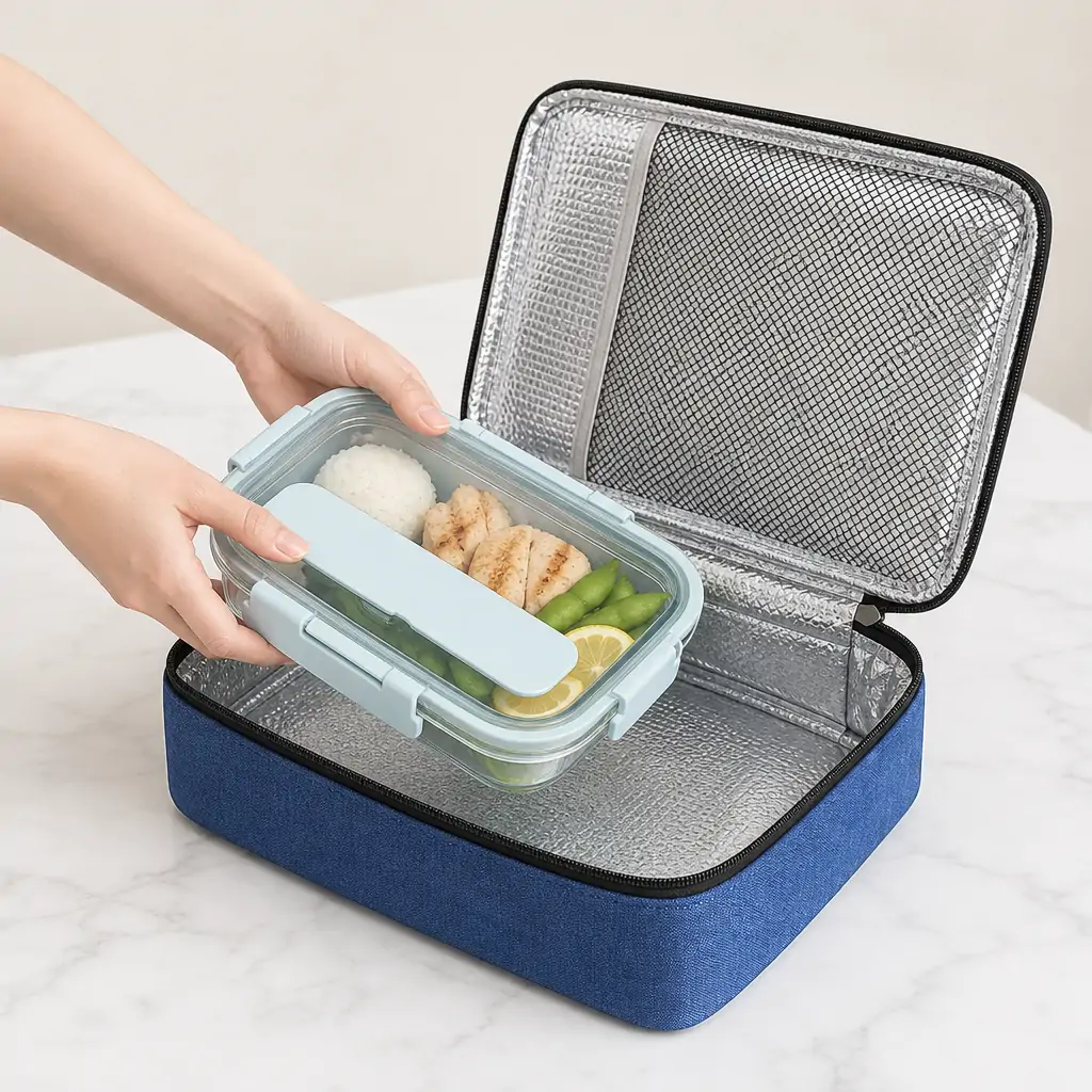 Navy blue Oxford lunch cooler bag 35 x 25 x 10 cm with a zip-around lid, grey webbing carry handle and silver double zip pulls, shown on a white background