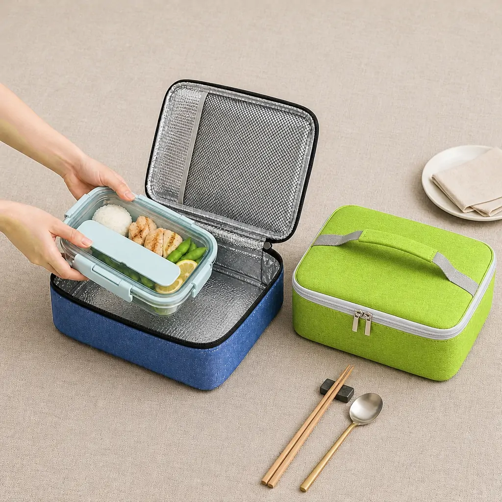 Navy blue Oxford lunch cooler bag 35 x 25 x 10 cm with a zip-around lid, grey webbing carry handle and silver double zip pulls, shown on a white background
