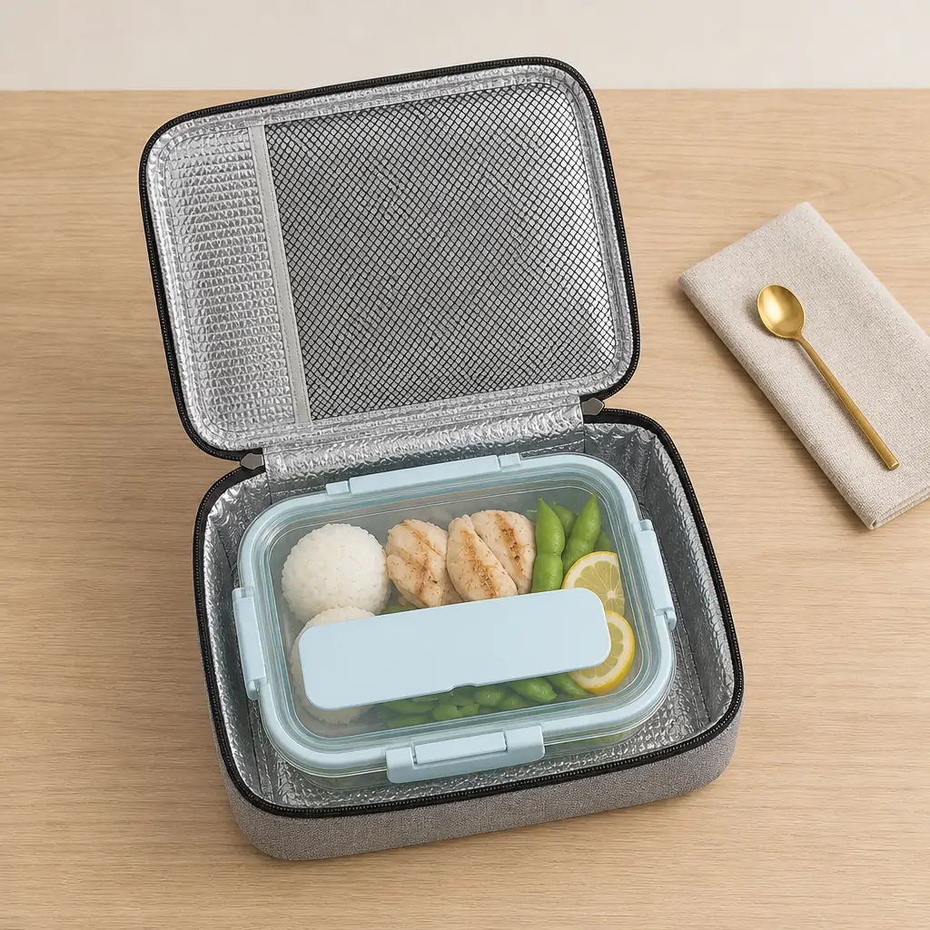 Navy blue Oxford lunch cooler bag 35 x 25 x 10 cm with a zip-around lid, grey webbing carry handle and silver double zip pulls, shown on a white background