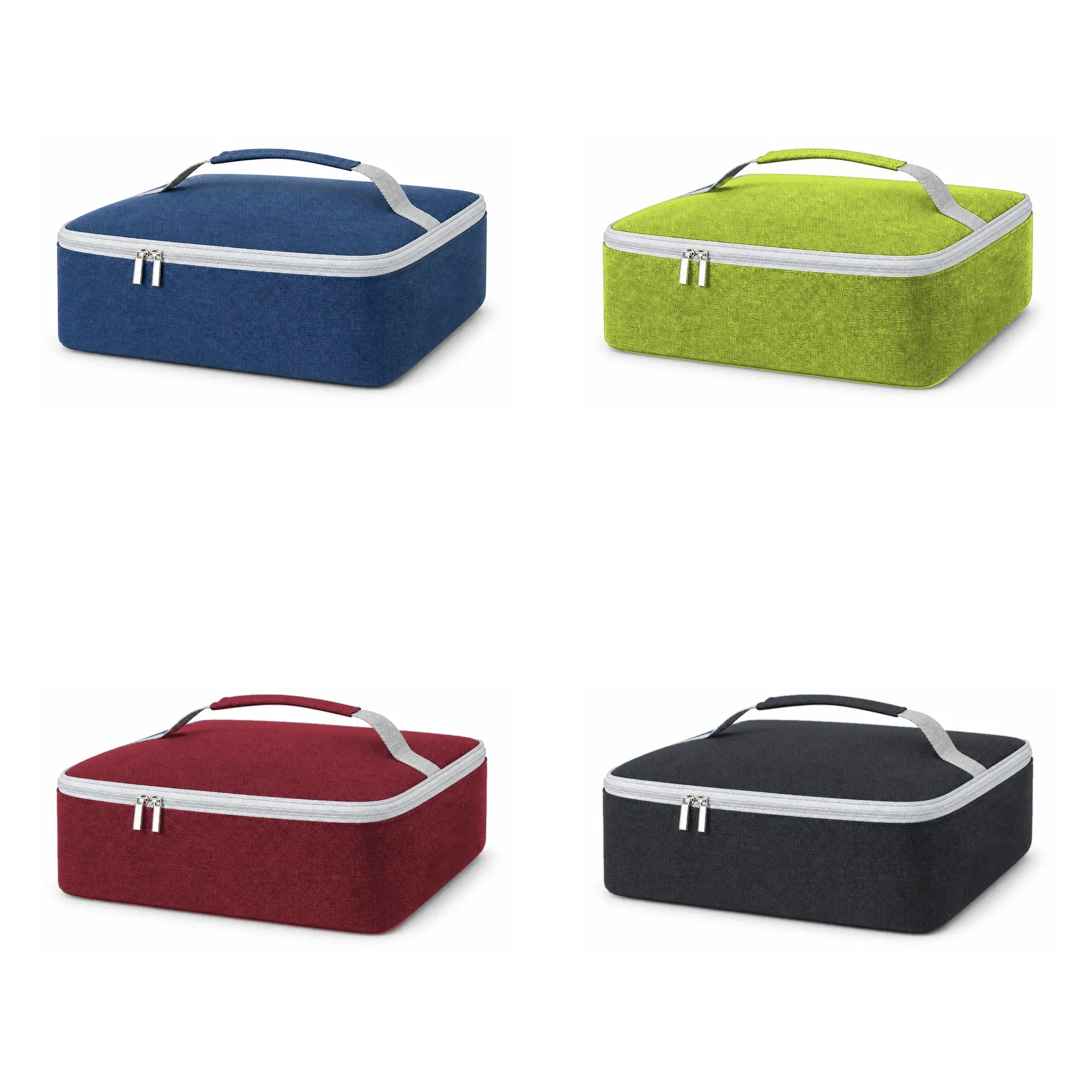 Navy blue Oxford lunch cooler bag 35 x 25 x 10 cm with a zip-around lid, grey webbing carry handle and silver double zip pulls, shown on a white background