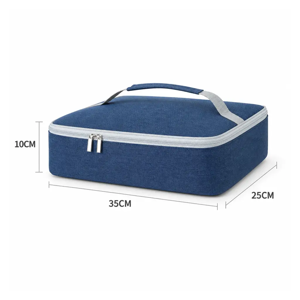 Navy blue Oxford lunch cooler bag 35 x 25 x 10 cm with a zip-around lid, grey webbing carry handle and silver double zip pulls, shown on a white background