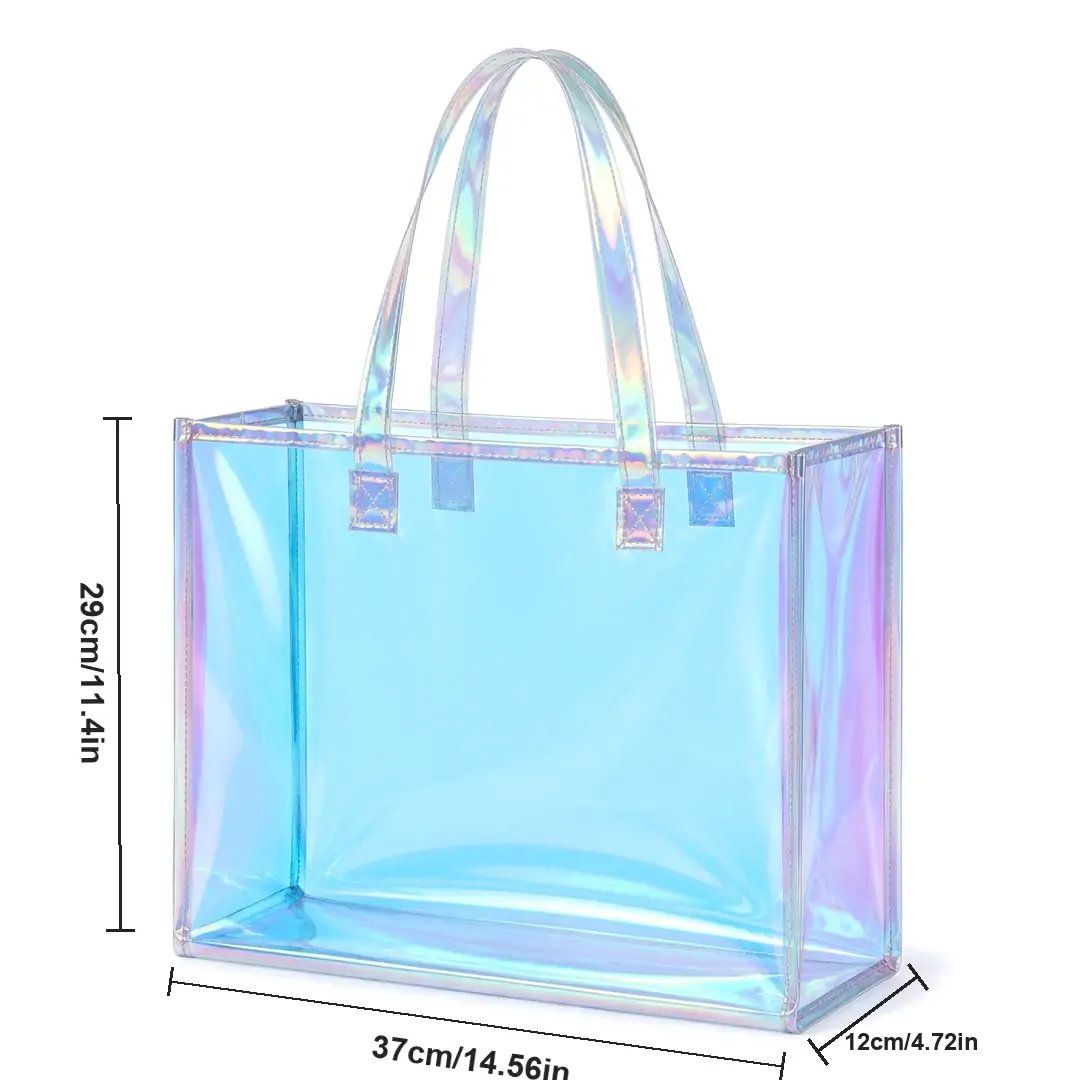 Holographic clear PVC beach tote bag 37 x 29 x 12 cm with white bound edges and two iridescent film handles, shown on a white background with dimension marks
