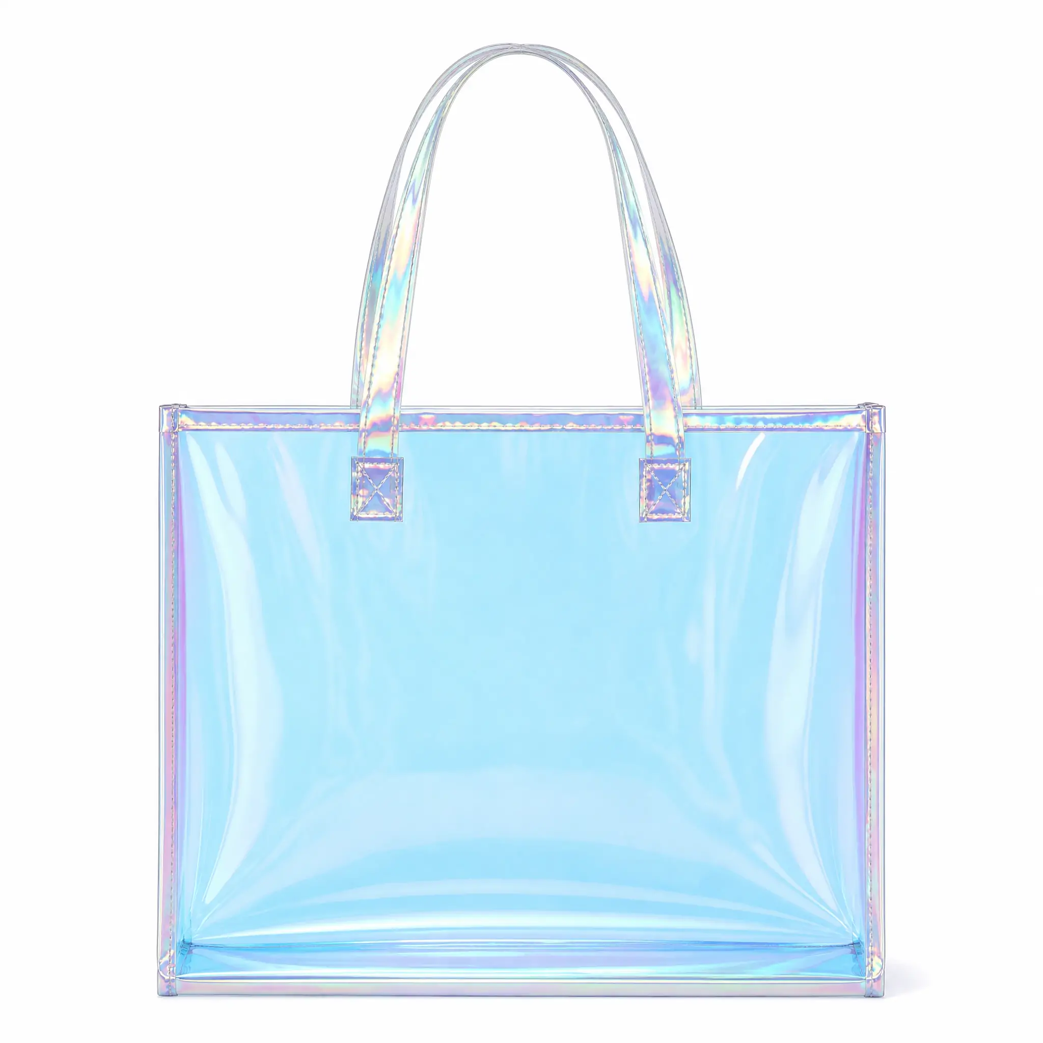 Holographic clear PVC beach tote bag 37 x 29 x 12 cm with white bound edges and two iridescent film handles, shown on a white background with dimension marks