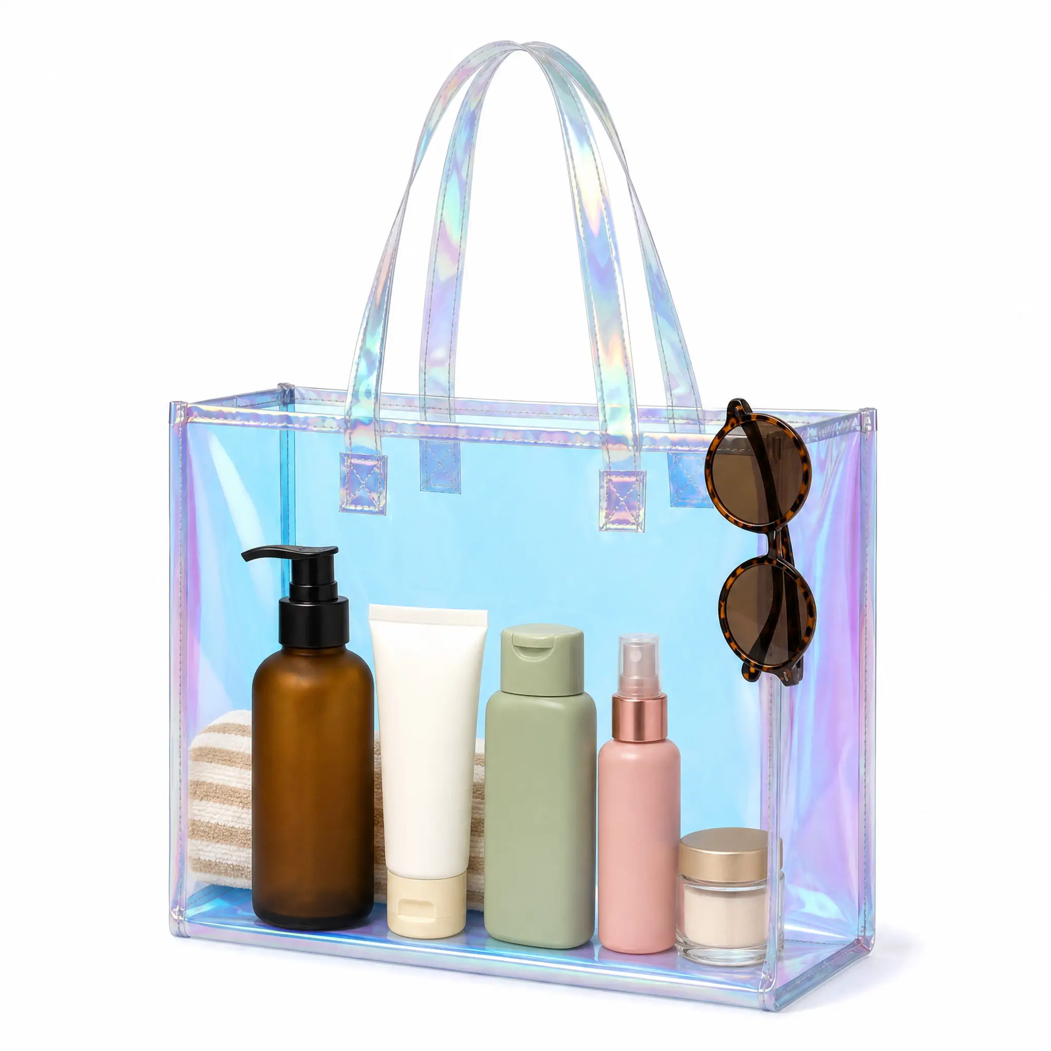 Holographic clear PVC beach tote bag 37 x 29 x 12 cm with white bound edges and two iridescent film handles, shown on a white background with dimension marks