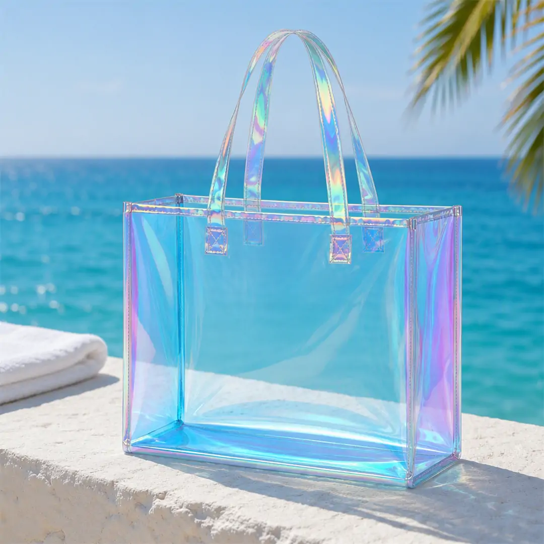 Holographic clear PVC beach tote bag 37 x 29 x 12 cm with white bound edges and two iridescent film handles, shown on a white background with dimension marks