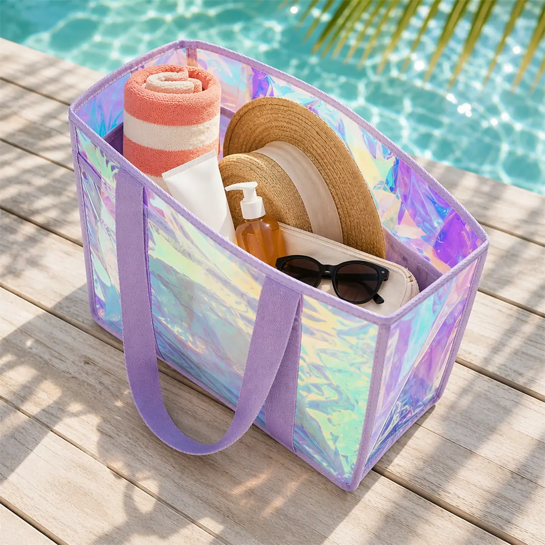 Clear iridescent PVC jelly tote bag 19 x 8 x 12 in with pink jacquard webbing straps and pink bound edges, shown empty on a white background