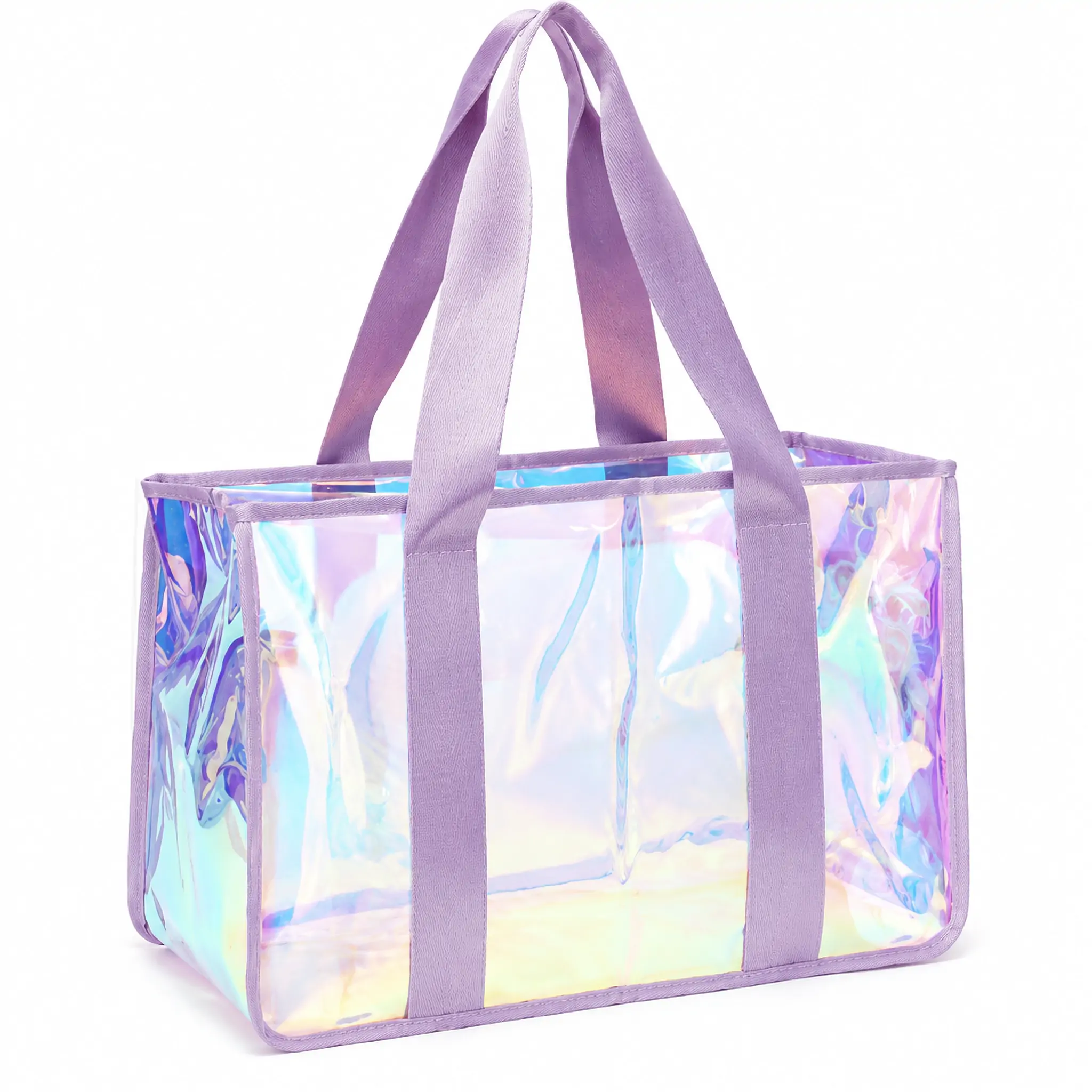 Clear iridescent PVC jelly tote bag 19 x 8 x 12 in with pink jacquard webbing straps and pink bound edges, shown empty on a white background