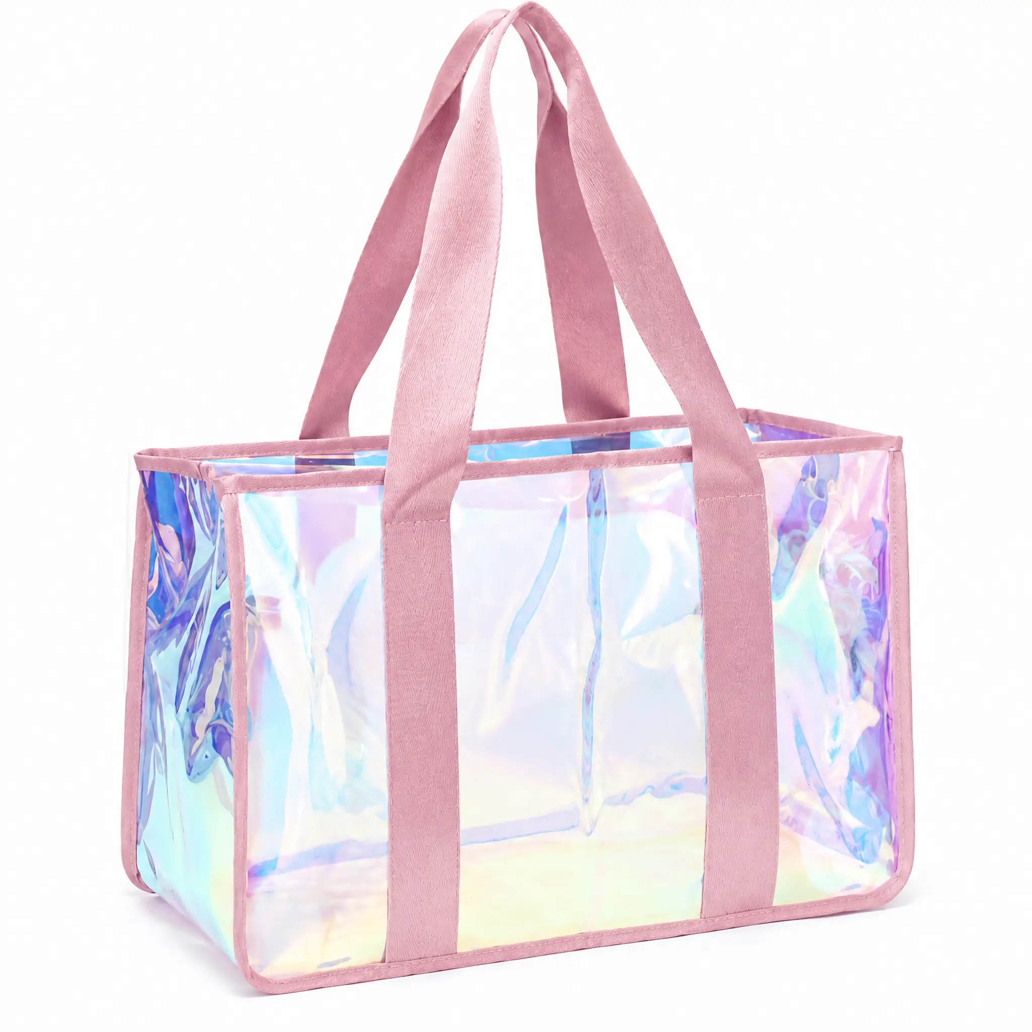 Clear iridescent PVC jelly tote bag 19 x 8 x 12 in with pink jacquard webbing straps and pink bound edges, shown empty on a white background