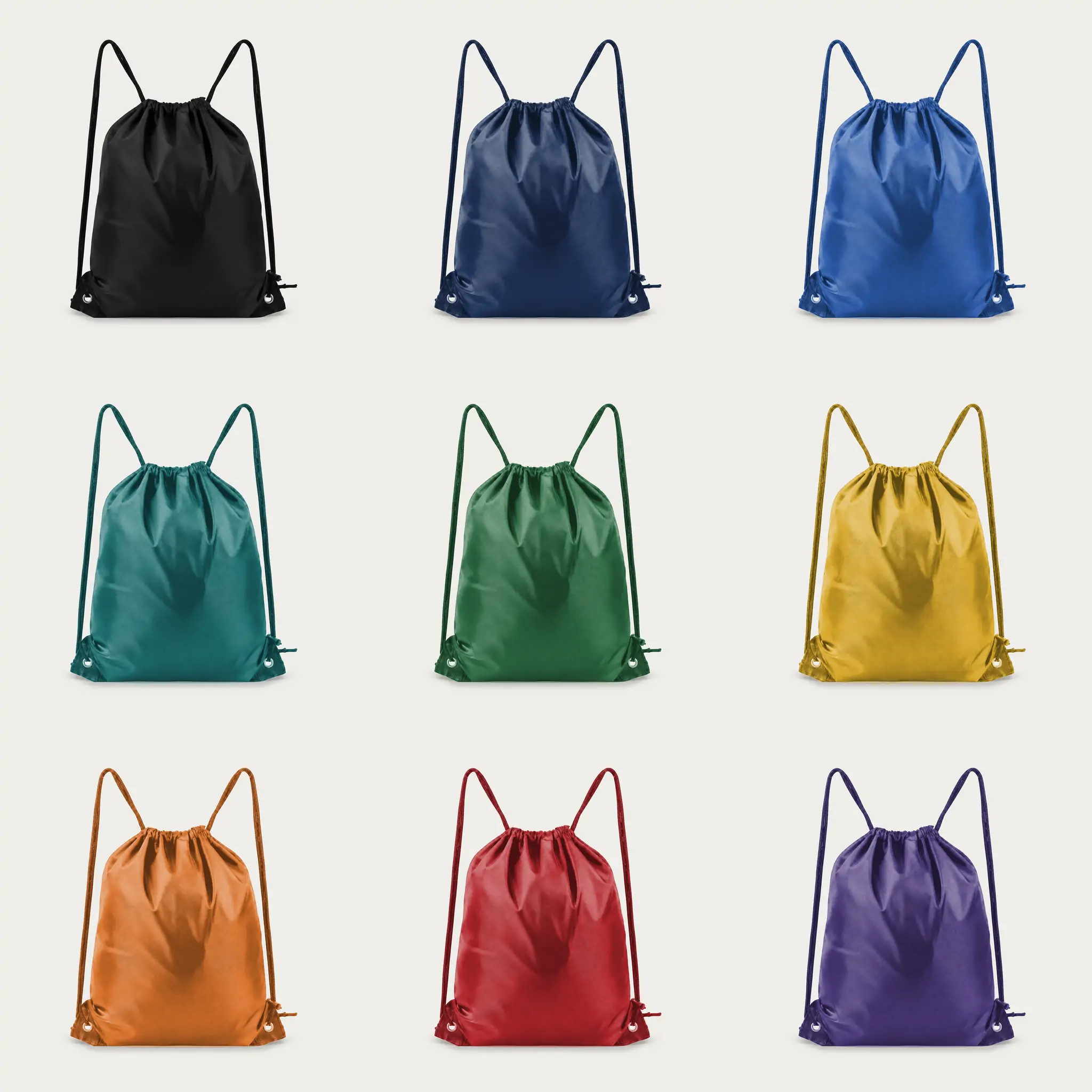 Black polyester drawstring gym bag 13.38 x 16.53 inches with PU leather reinforced corners and metal eyelets, plain front panel and dual drawcord straps, shown with detail close-up
