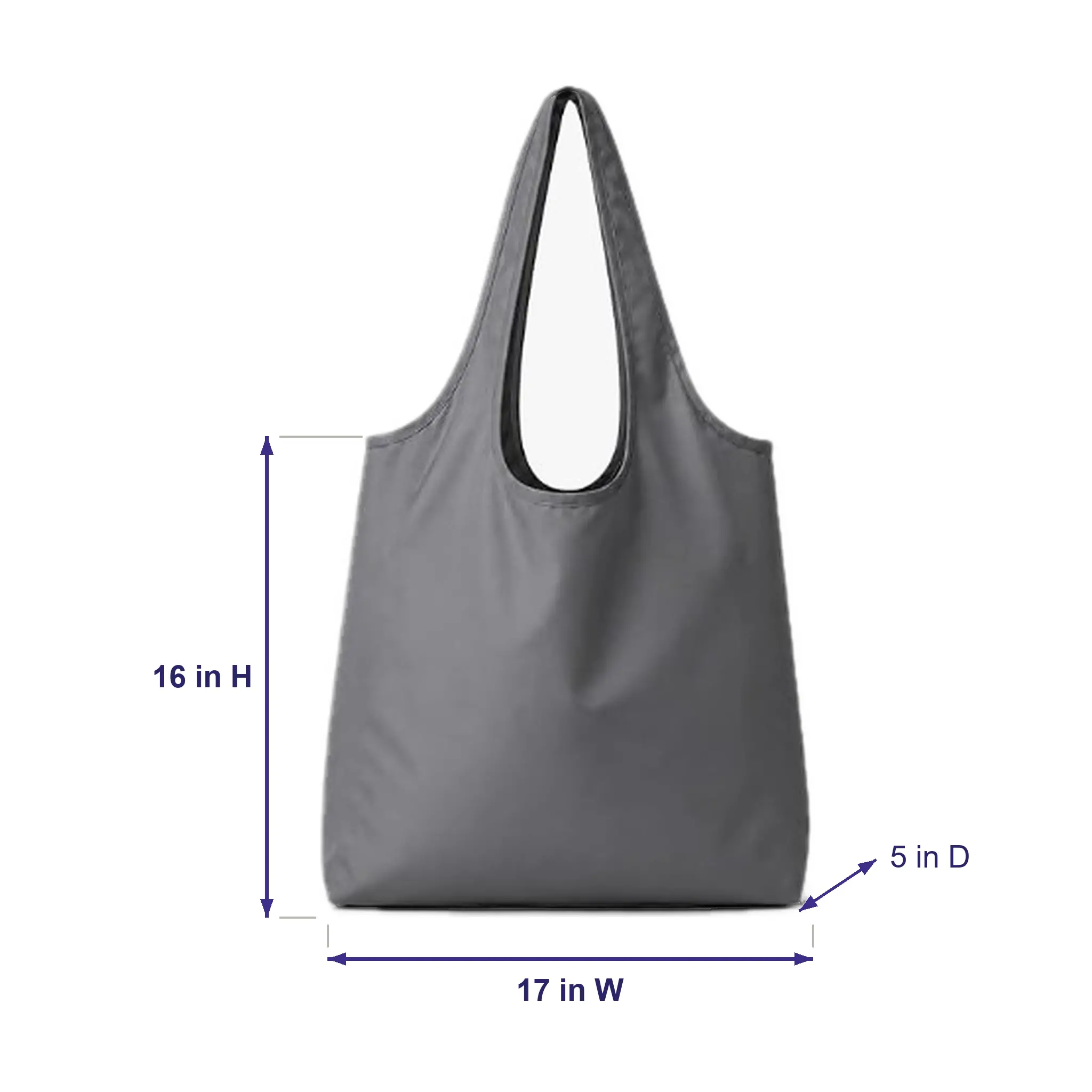 Grey nylon grocery tote bag 17 inches wide, 16 inches high and 5 inches deep with extra-wide integrated handles and a flat gusset base, shown with dimension arrows on a white backg