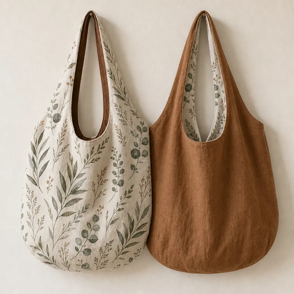 Reversible printed canvas tote bag 35x38cm shown in two styles: botanical eucalyptus print on natural canvas and solid brown, with a large U-shape shoulder strap