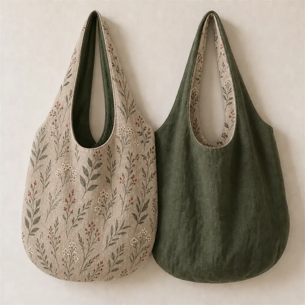 Reversible printed canvas tote bag 35x38cm shown in two styles: botanical eucalyptus print on natural canvas and solid brown, with a large U-shape shoulder strap