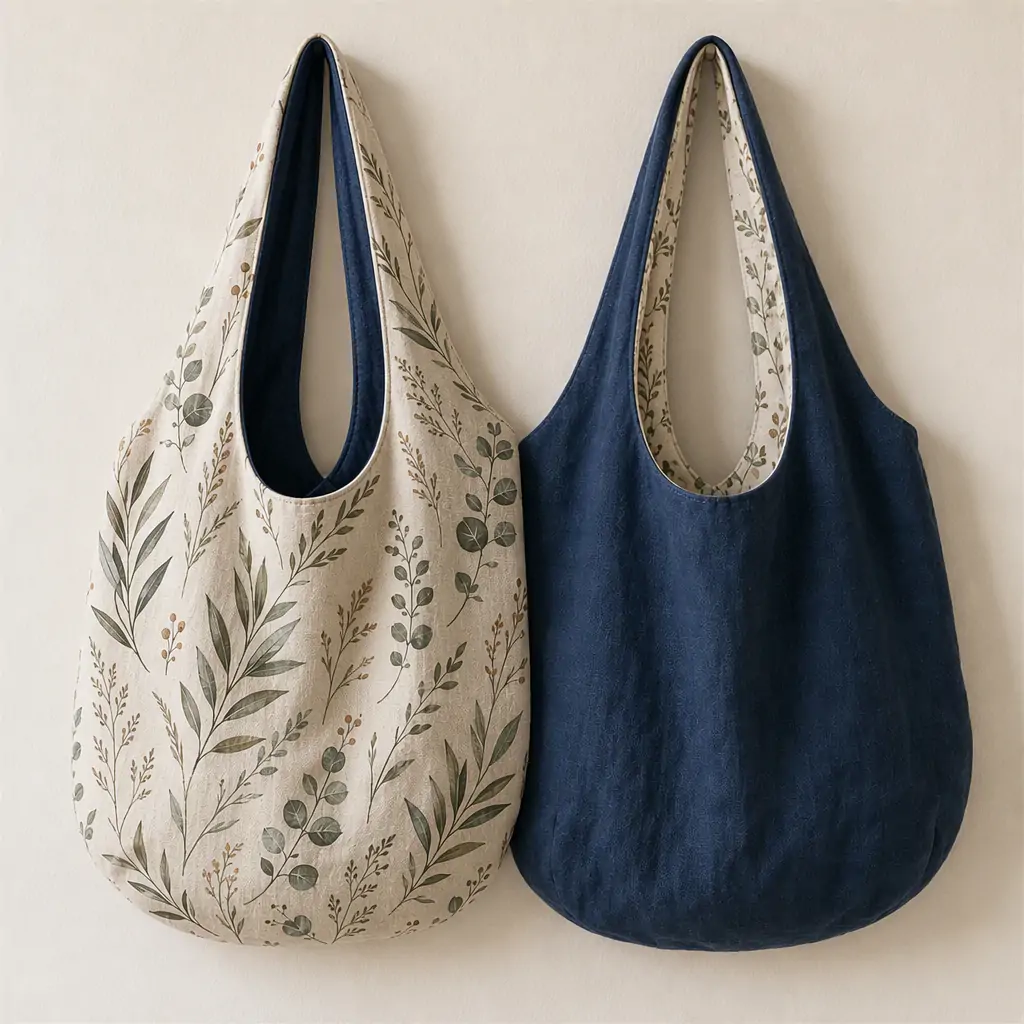 Reversible printed canvas tote bag 35x38cm shown in two styles: botanical eucalyptus print on natural canvas and solid brown, with a large U-shape shoulder strap