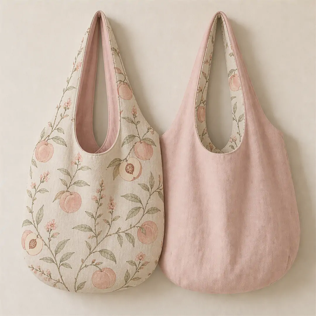 Reversible printed canvas tote bag 35x38cm shown in two styles: botanical eucalyptus print on natural canvas and solid brown, with a large U-shape shoulder strap