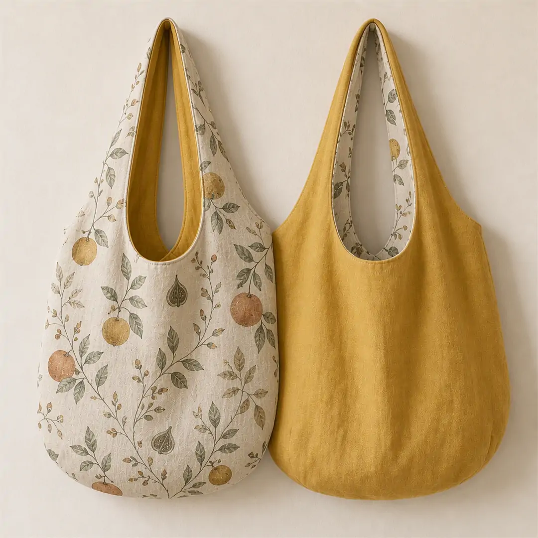 Reversible printed canvas tote bag 35x38cm shown in two styles: botanical eucalyptus print on natural canvas and solid brown, with a large U-shape shoulder strap
