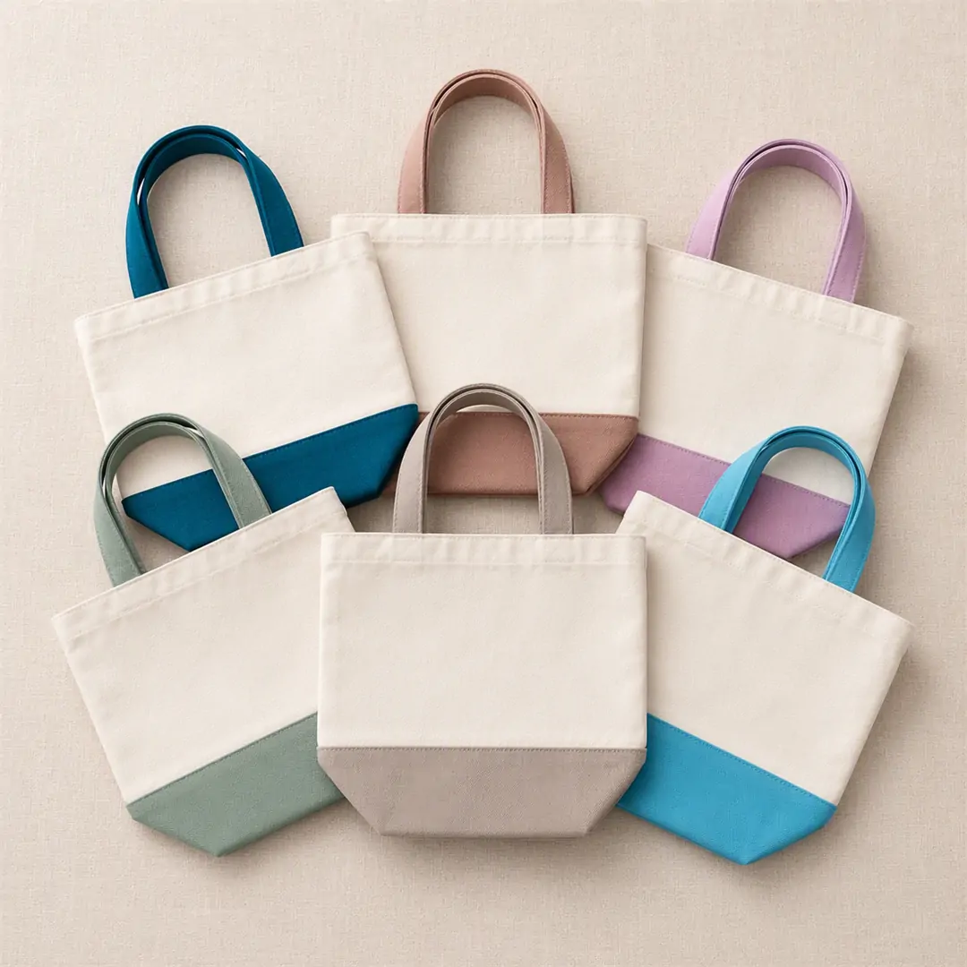 Small color-block canvas tote bag 25x20x10cm with contrast colored panel and handles in multiple colors