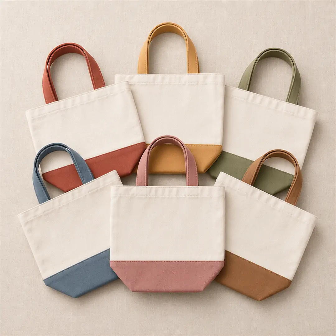 Small color-block canvas tote bag 25x20x10cm with contrast colored panel and handles in multiple colors