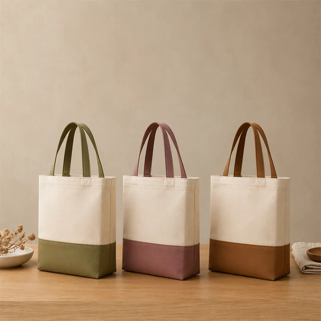Small color-block canvas tote bag 25x20x10cm with contrast colored panel and handles in multiple colors