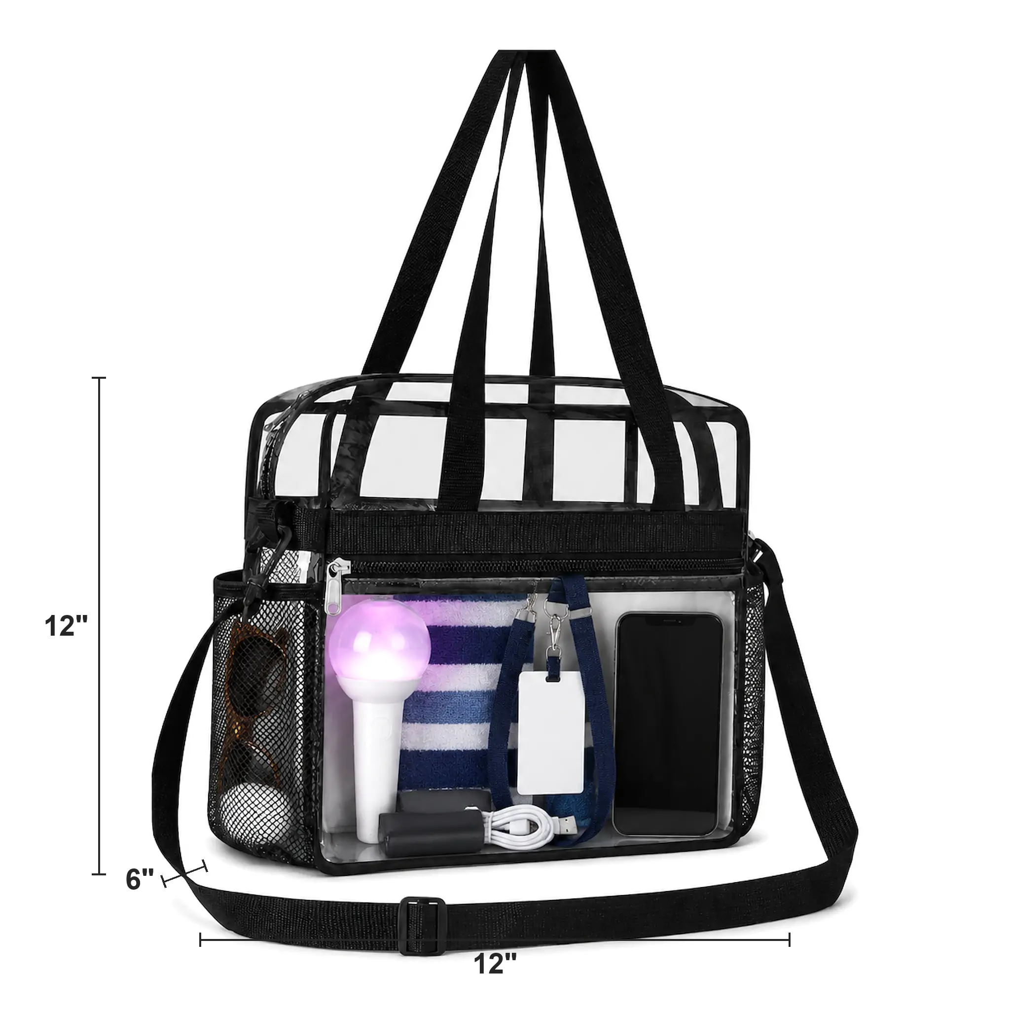 Clear PVC stadium bag 12 x 12 x 6 in with black binding, mesh side pockets, zip front pocket and shoulder strap, filled with a light stick, towel and phone