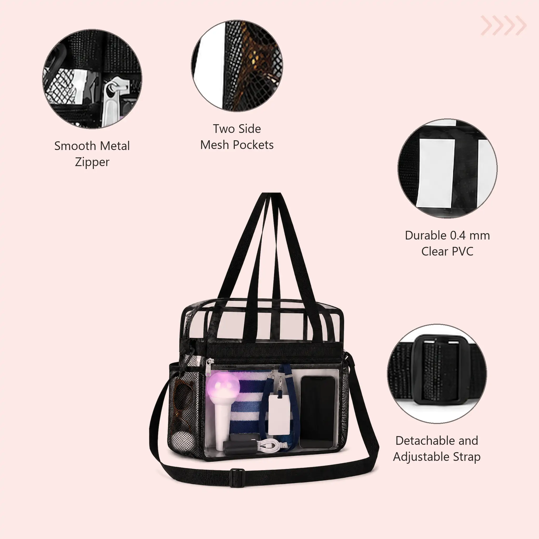 Clear PVC stadium bag 12 x 12 x 6 in with black binding, mesh side pockets, zip front pocket and shoulder strap, filled with a light stick, towel and phone