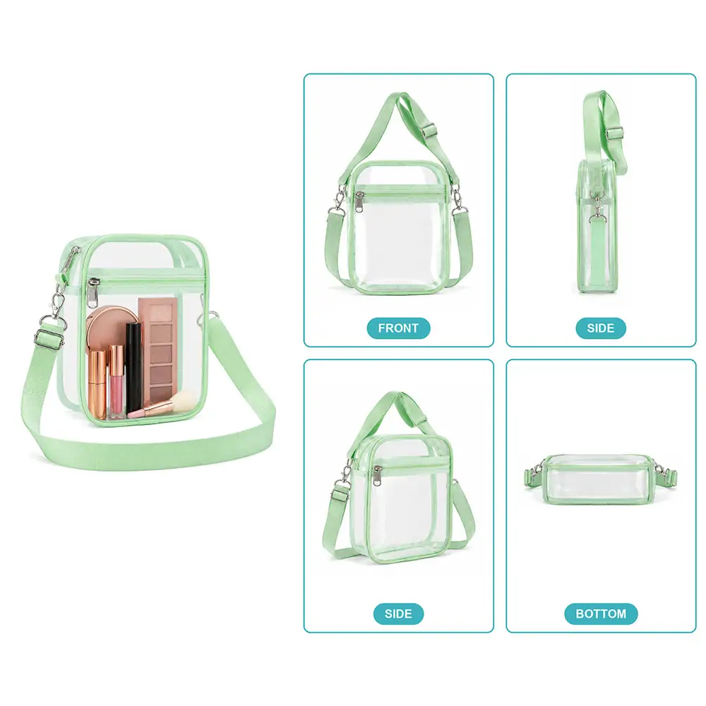Clear PVC crossbody stadium bag 8.3 x 6.6 x 2.8 in with mint green binding, metal snap-hook strap and two zip compartments, shown filled with cosmetics on a white background