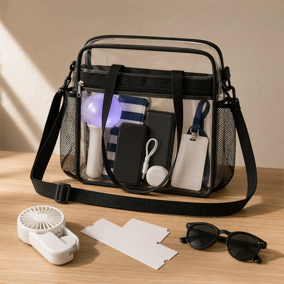 Clear PVC stadium bag 12 x 12 x 6 in with black binding, mesh side pockets, zip front pocket and shoulder strap, filled with a light stick, towel and phone
