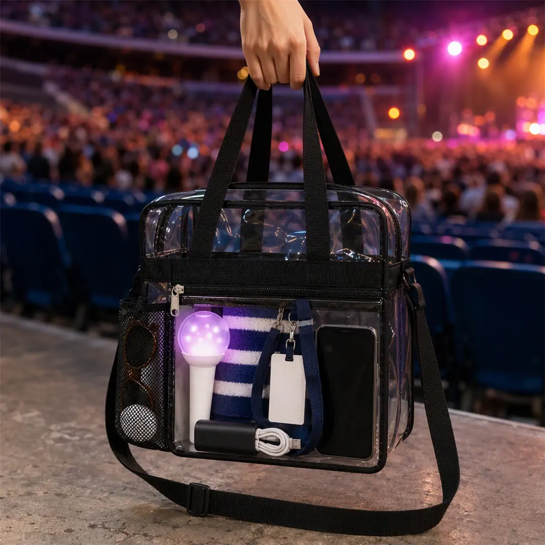 Clear PVC stadium bag 12 x 12 x 6 in with black binding, mesh side pockets, zip front pocket and shoulder strap, filled with a light stick, towel and phone