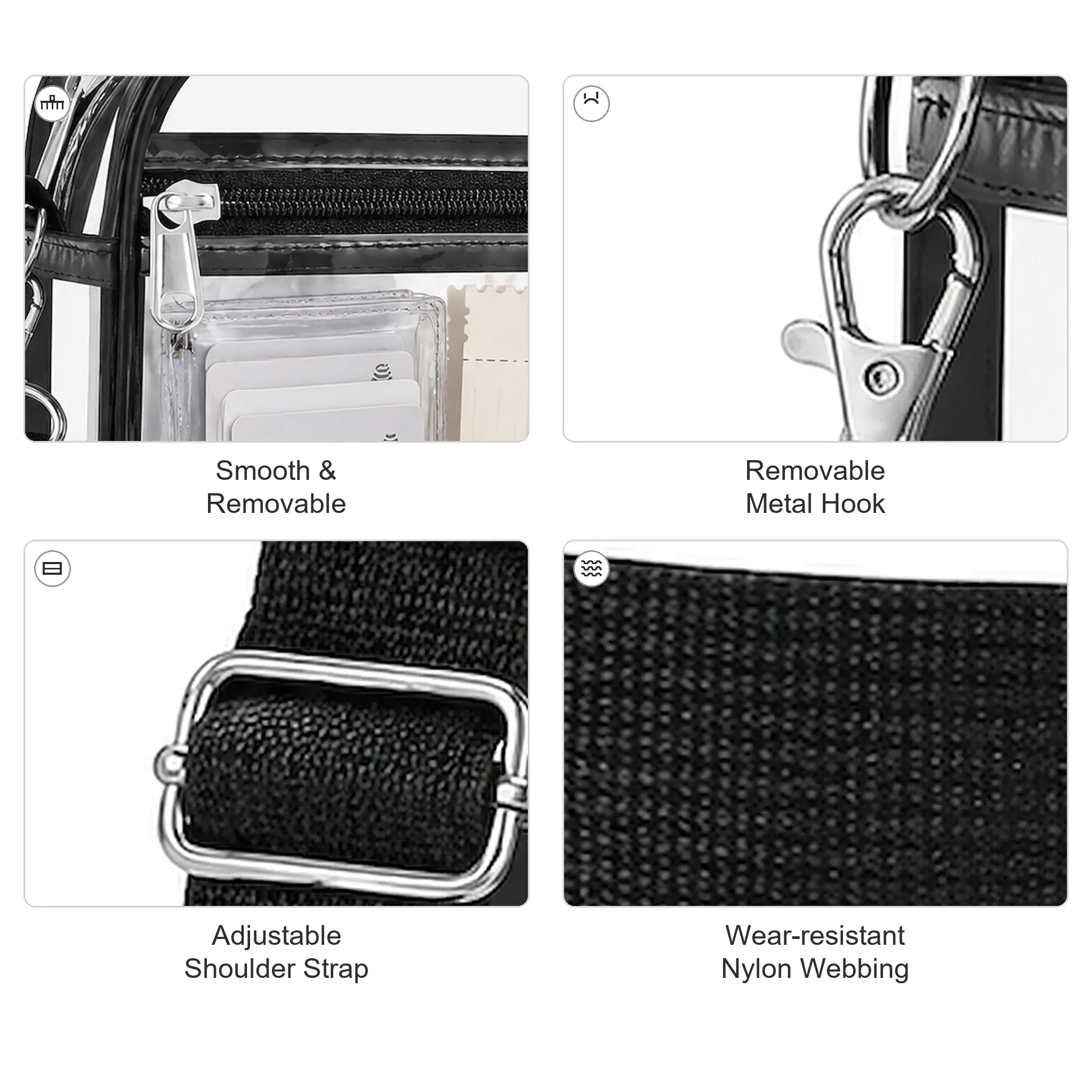 Clear PVC crossbody stadium bag 8.3 x 6.6 x 2.8 in with mint green binding, metal snap-hook strap and two zip compartments, shown filled with cosmetics on a white background